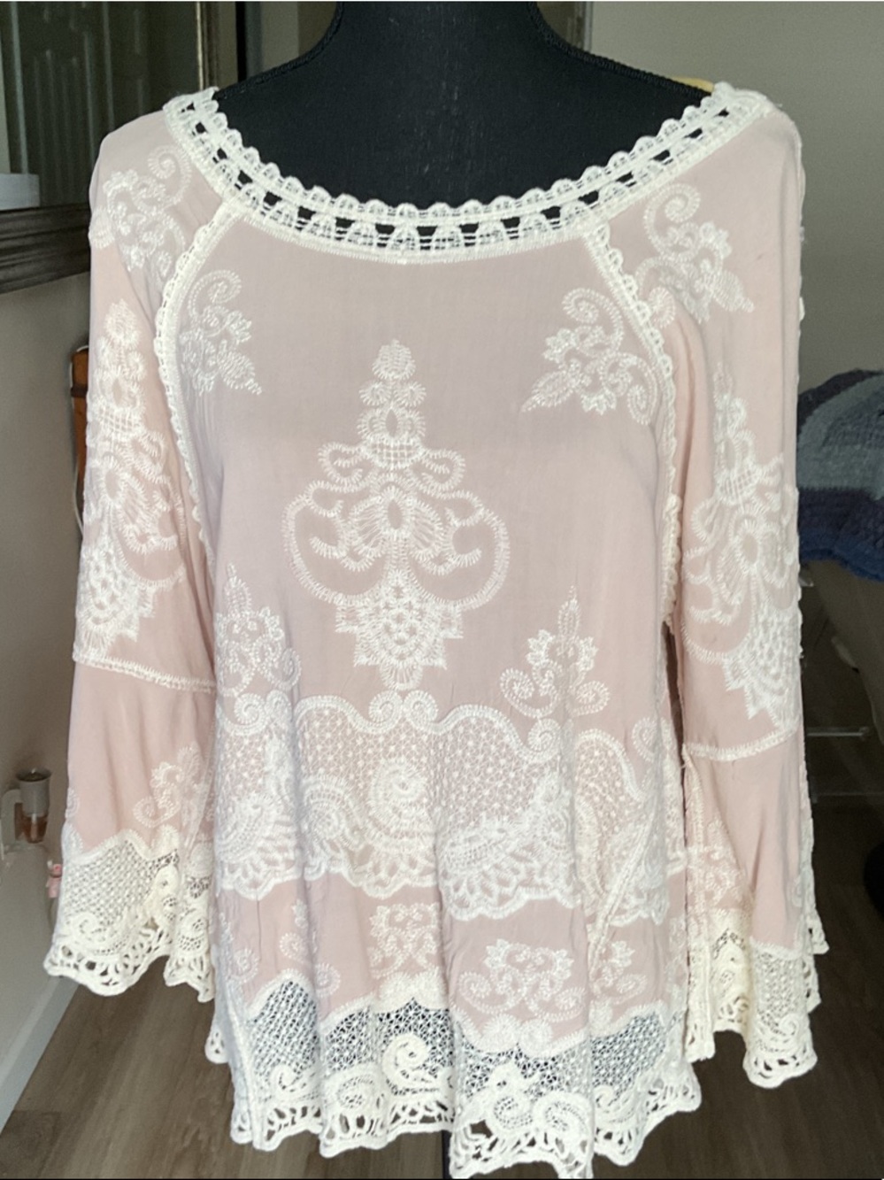 Democracy Light Pink Lace-Trim Embroidered Tunic